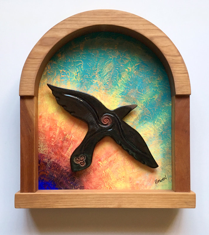There are many traditions throughout Asia and North America which credit Raven with bringing light to a dark world. The details vary: in some tales, he brings the stars and moon as well. The frame is red alder, saved from when I carved our front door in 1975